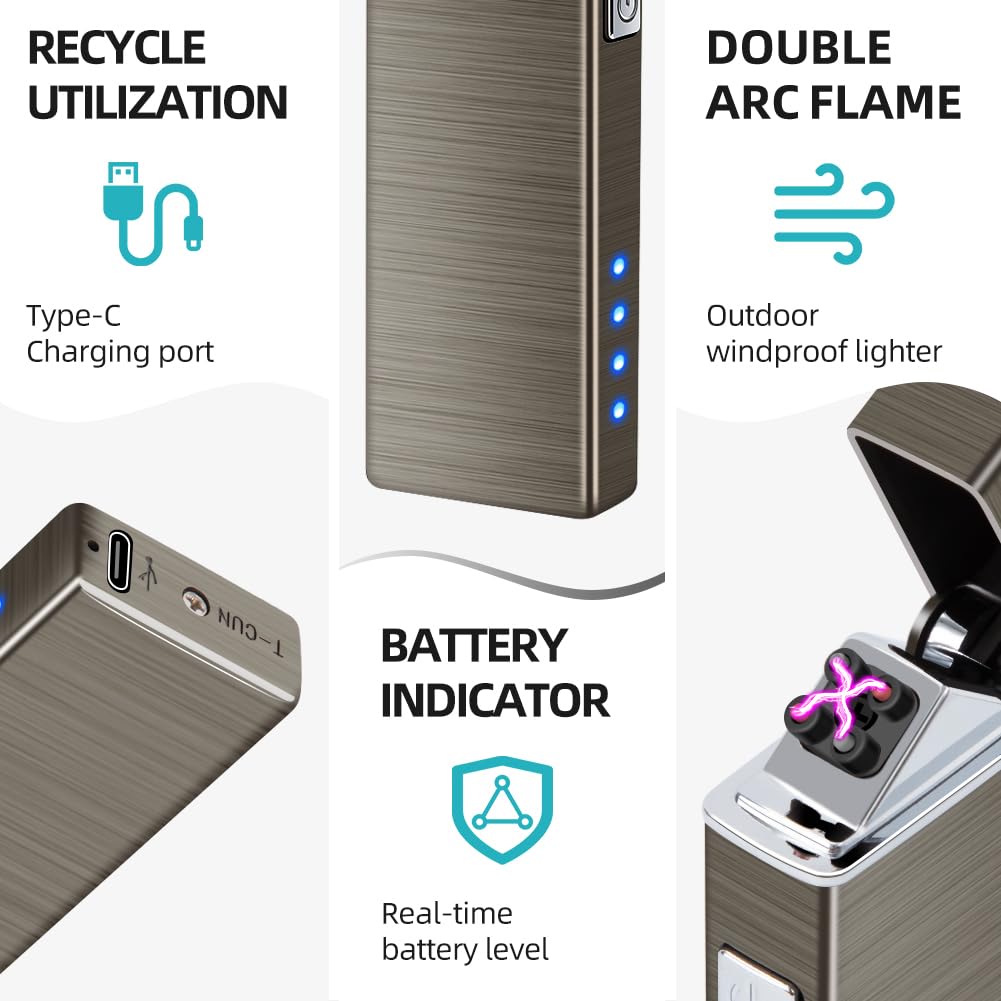 LcFun Fathers Day Dad Gifts, Electric Lighter USB Rechargeable Windproof Flameless Plasma Dual Arc Lighter Small Metal Pocket Lighters for Camping, Birthday Gifts for Men Husband (Nickel Brushed)